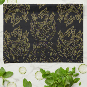 HOUSE OF THE DRAGON Gold Filigree Dragon Pattern Tea Towel