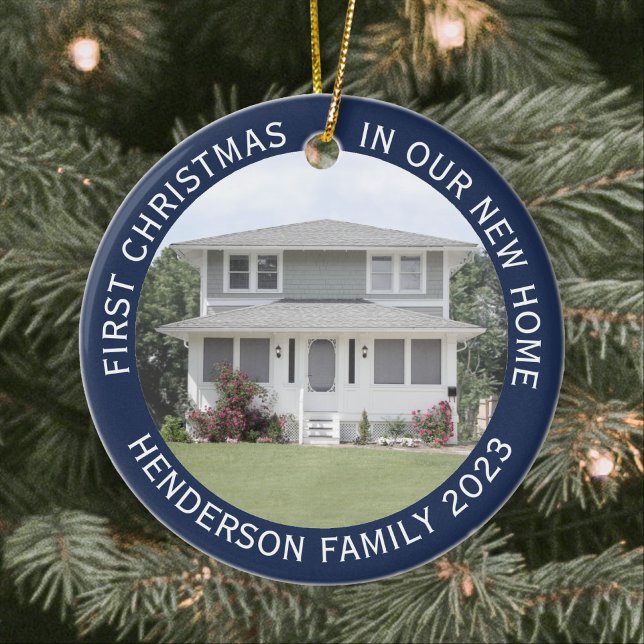 House Photos First Xmas New Home Name & Year Blue Ceramic Ornament (Creator Uploaded)