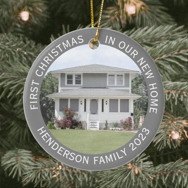 House Photos First Xmas New Home Name & Year Grey Ceramic Ornament (Creator Uploaded)