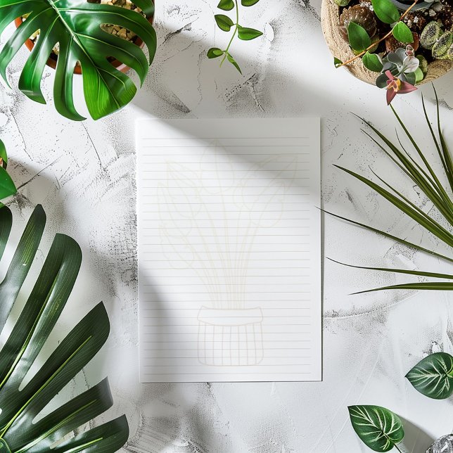 House plant, potted plant lined Notepad (Minimalist lined writing paper with subtle plant basket illustration and modern design.)