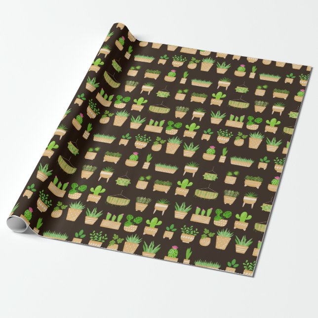 House Plants Cactus on Dark Brown Wrapping Paper (Unrolled)