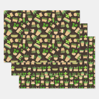 House Plants Cactus on Dark Brown Wrapping Paper S