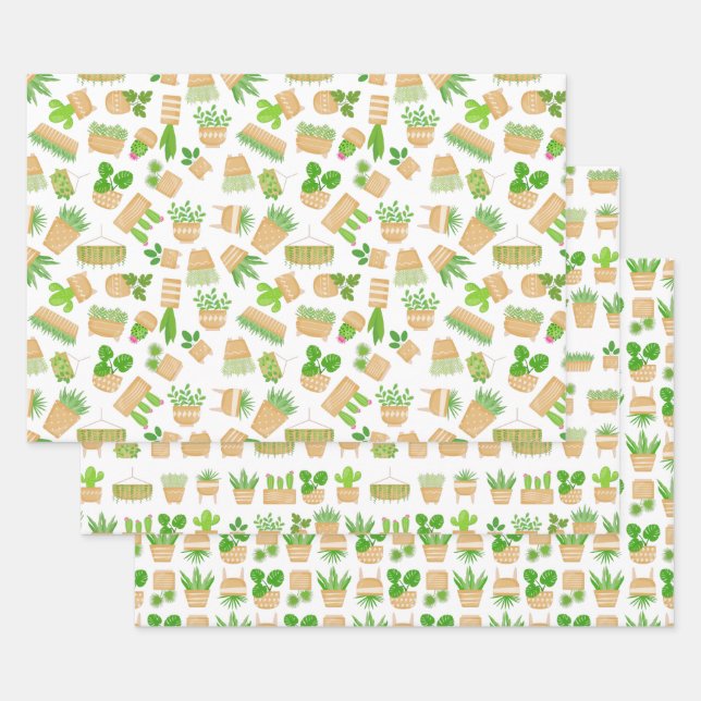 House Plants Cactus on White Wrapping Paper Sheets (Set)
