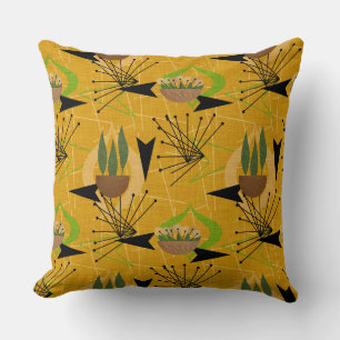House Plants Gold Mid-Century Atomic Style Cushion