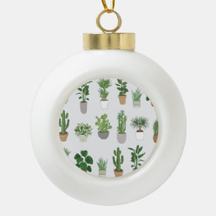 House plants, vintage doodle pattern ceramic ball christmas ornament