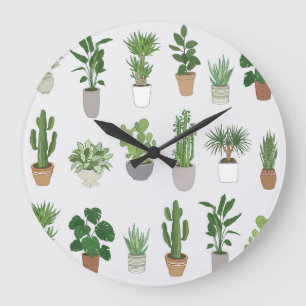 House plants, vintage doodle pattern large clock