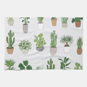 House plants, vintage doodle pattern tea towel