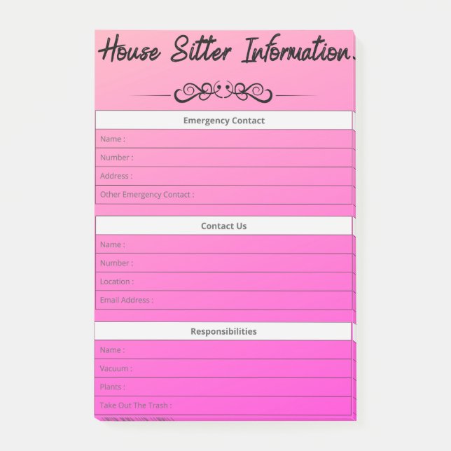 House Sitter Info Emergency, Contact & To-Do's  Post-it Notes (Front)