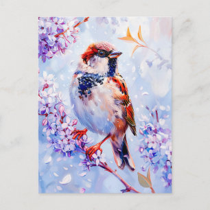 House Sparrow on a Branch Impressionist Art Postcard