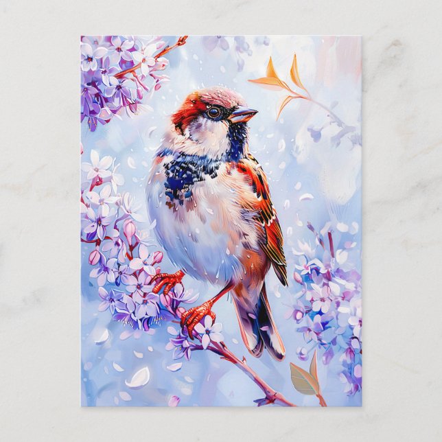 House Sparrow on a Branch Impressionist Art Postcard (Front)