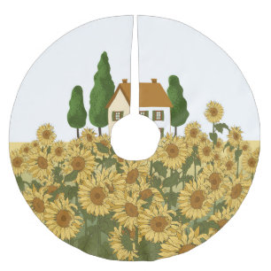 House Sunflowers Field Vintage Illustration Brushed Polyester Tree Skirt