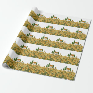 House Sunflowers Field Vintage Illustration Wrapping Paper