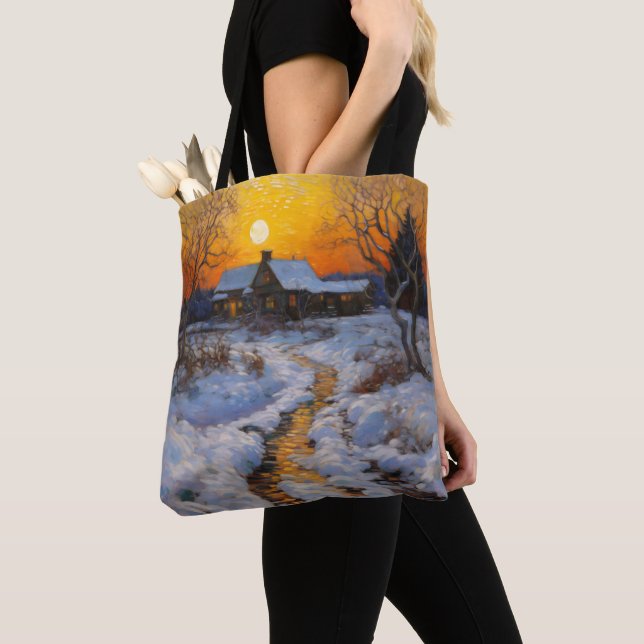 House Sunset Winter Landscape Tote Bag (Close Up)