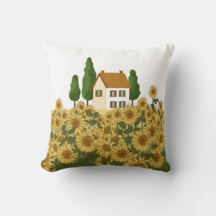 House, tall trees and a field of sunflowers in the cushion