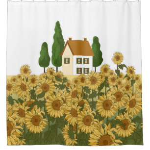 House, tall trees and a field of sunflowers in the shower curtain