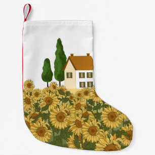 House, tall trees and a field of sunflowers in the small christmas stocking