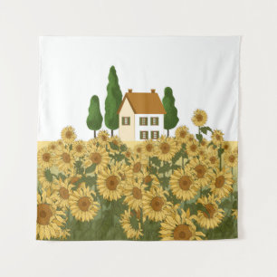 House, tall trees and a field of sunflowers in the tapestry