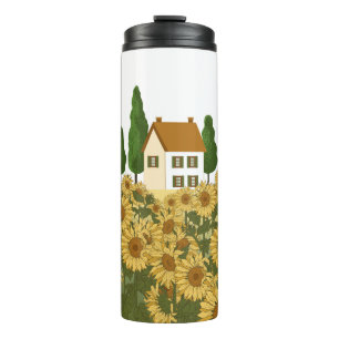 House, tall trees and a field of sunflowers in the thermal tumbler