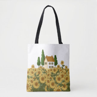 House, tall trees and a field of sunflowers in the tote bag