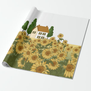 House, tall trees and a field of sunflowers in the wrapping paper