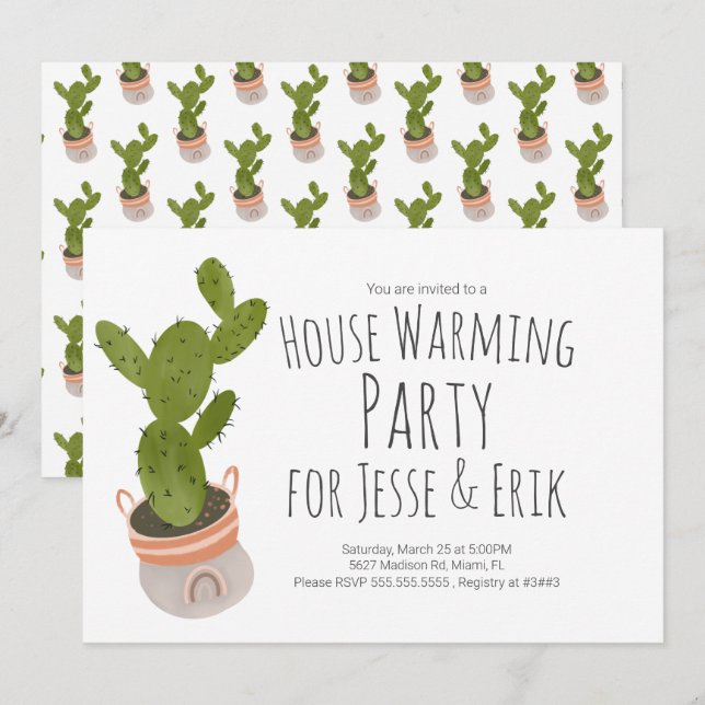 House Warming Party Cactus Plant Pot Hand Drawn  I Invitation (Front/Back)