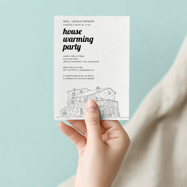 House warming party invitation (Modern housewarming invitation with bold script and home sketch.)
