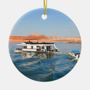Houseboat making waves, Lake Powell, Arizona Ceramic Tree Decoration