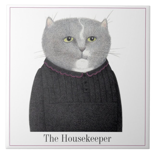 HOUSEKEEPER CAT 6" Square Ceramic Tile + Text (Front)