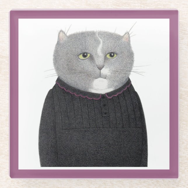 HOUSEKEEPER CAT Glass Drink Coaster  (Front)