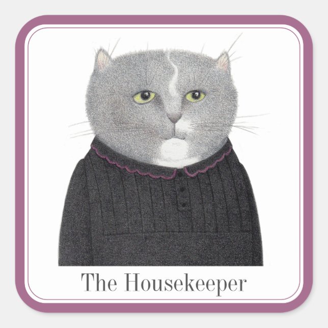 HOUSEKEEPER CAT Large Square Stickers + Text (Front)