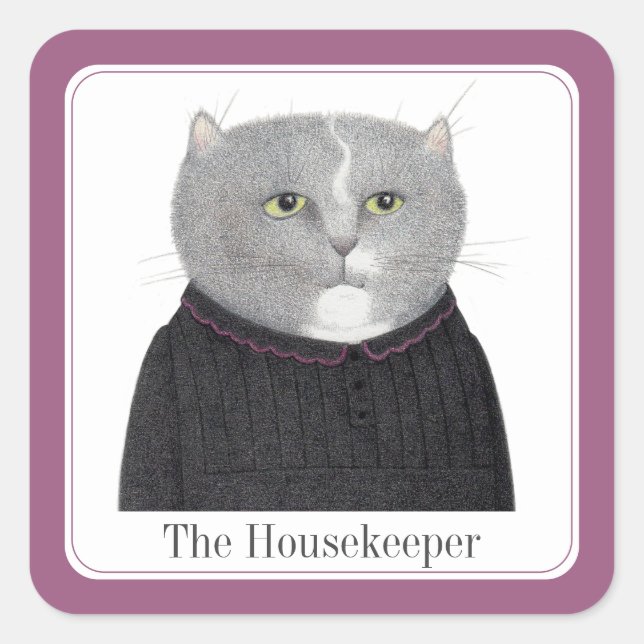 HOUSEKEEPER CAT Small Square Stickers + Text (Front)