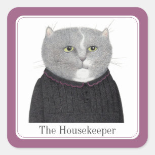 HOUSEKEEPER CAT Small Square Stickers + Text