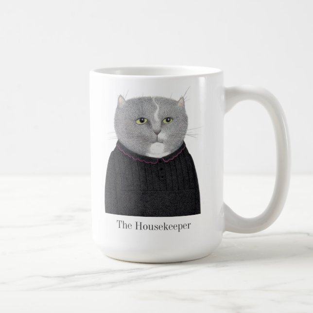HOUSEKEEPER CAT Tall White Mug + Text (Right)