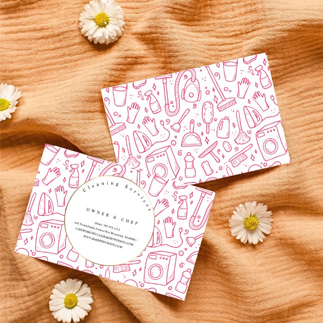 housekeeping Cartoon pink pattern Cleaning Service Business Card (Creator Uploaded)