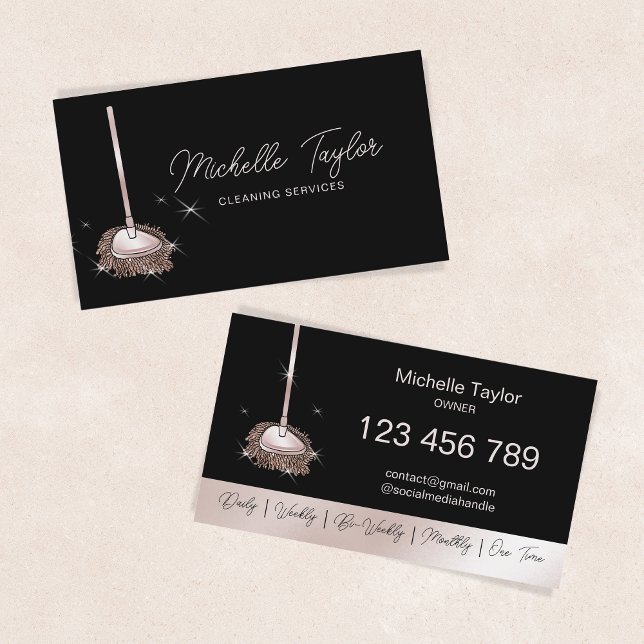 Housekeeping Cleaning Maid Service Rose Gold Mop Business Card (rose gold glitter mop )