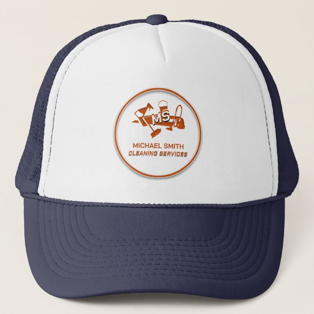 Housekeeping Cleaning Services Custom Orange Logo Trucker Hat (Front)