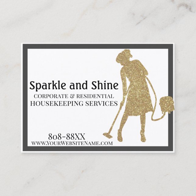 Housekeeping Cleaning Services with Gold Glitter Business Card (Front)