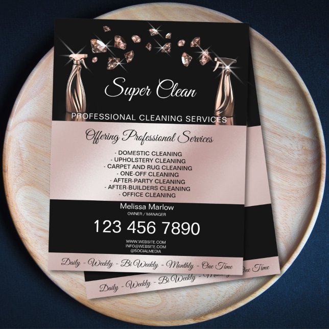 Housekeeping House Cleaning Maid Services Flyer (rose gold house cleaning spray bottles spraying diamonds)