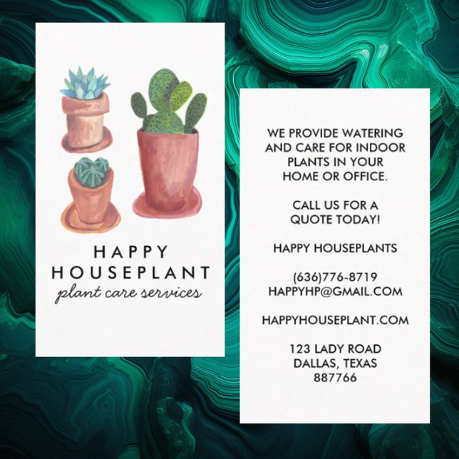 Houseplant Cactus Succulents Watering Gardening Business Card (Cute custom housesitter, petsitter business cards with cacti)