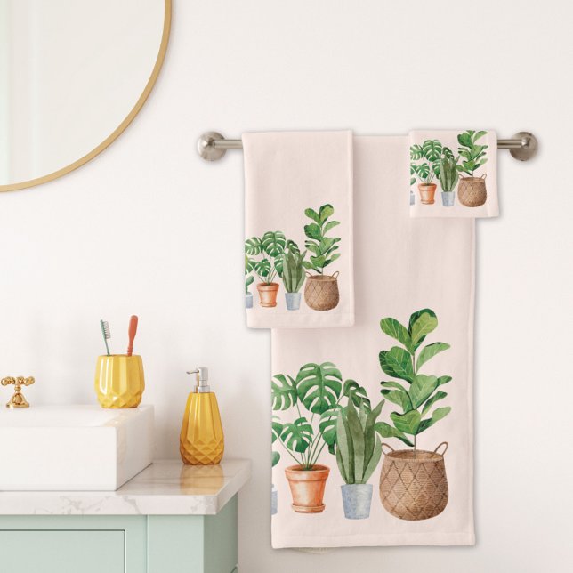 Houseplant Watercolor  Bath Towel Set (In situ bathroom)