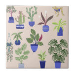 Houseplants Cactus Succulent Pattern Blush Pink Ceramic Tile<br><div class="desc">Painting of house plants,  cacti and succulents in blue and white pots for indoor gardeners and crazy plant people.</div>
