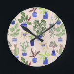 Houseplants Cactus Succulent Pattern Blush Pink Round Clock<br><div class="desc">Painting of house plants,  cacti and succulents in blue and white pots for indoor gardeners and crazy plant people.</div>