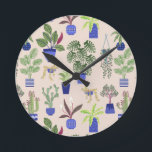 Houseplants Cactus Succulent Pattern Blush Pink Round Clock<br><div class="desc">Painting of house plants,  cacti and succulents in blue and white pots for indoor gardeners and crazy plant people.</div>