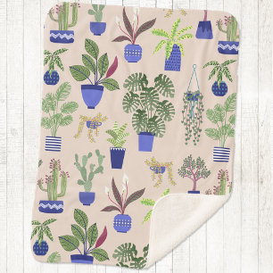 Houseplants Cactus Succulent Pattern Sherpa Blanket