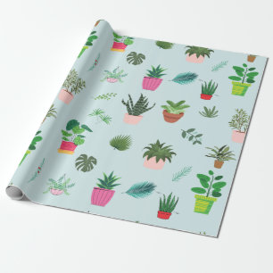 Houseplants in the Pots and Green Leaves Wrapping Paper