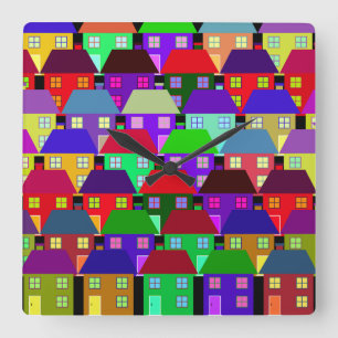 HOUSES COLORFUL HOME COMMUNITY SQUARE WALL CLOCK
