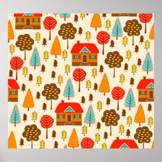 Houses Forest Vintage Seamless Pattern Poster