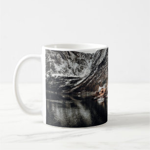 HOUSES NEAR BODY OF WATER AND MOUNTAIN COFFEE MUG