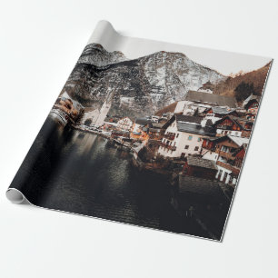 HOUSES NEAR BODY OF WATER AND MOUNTAIN WRAPPING PAPER