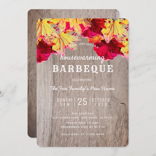 Housewarming BBQ Party Fall Leaves Wood Invitation (Front/Back)